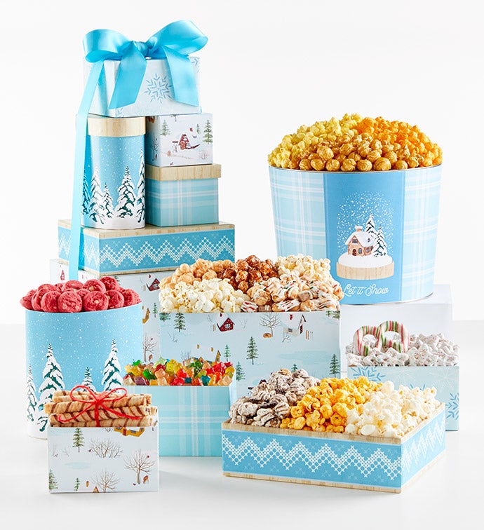 Let It Snow 6 Box Gift Tower and 2 Gallon Popcorn Tin 3 Flavor